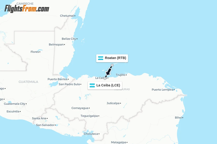 Flights from Roatan to La Ceiba route map