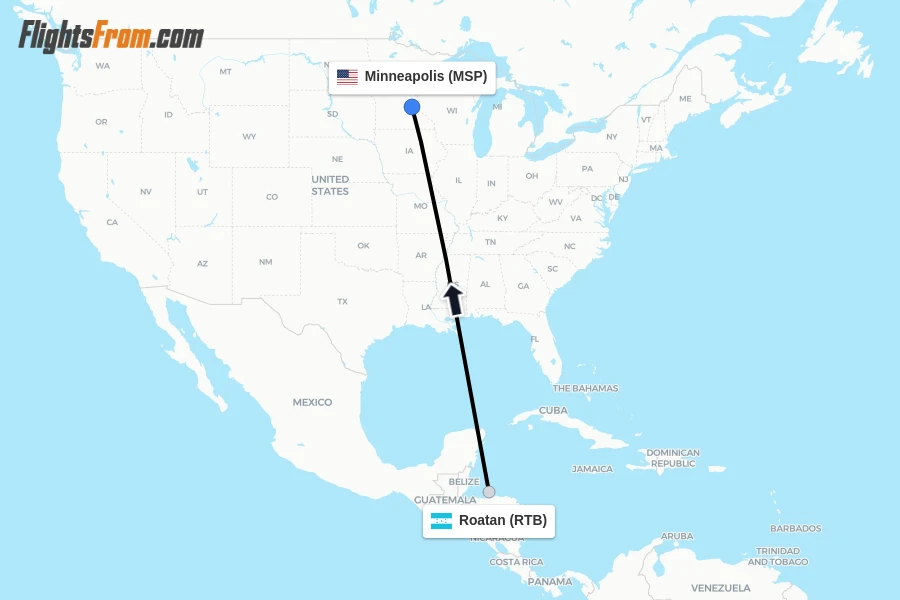 Flights from Roatan to Minneapolis route map