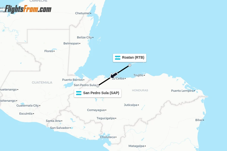 Flights from Roatan to San Pedro Sula route map