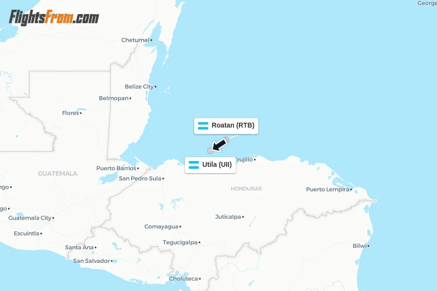 Flights from Roatan to Utila route map