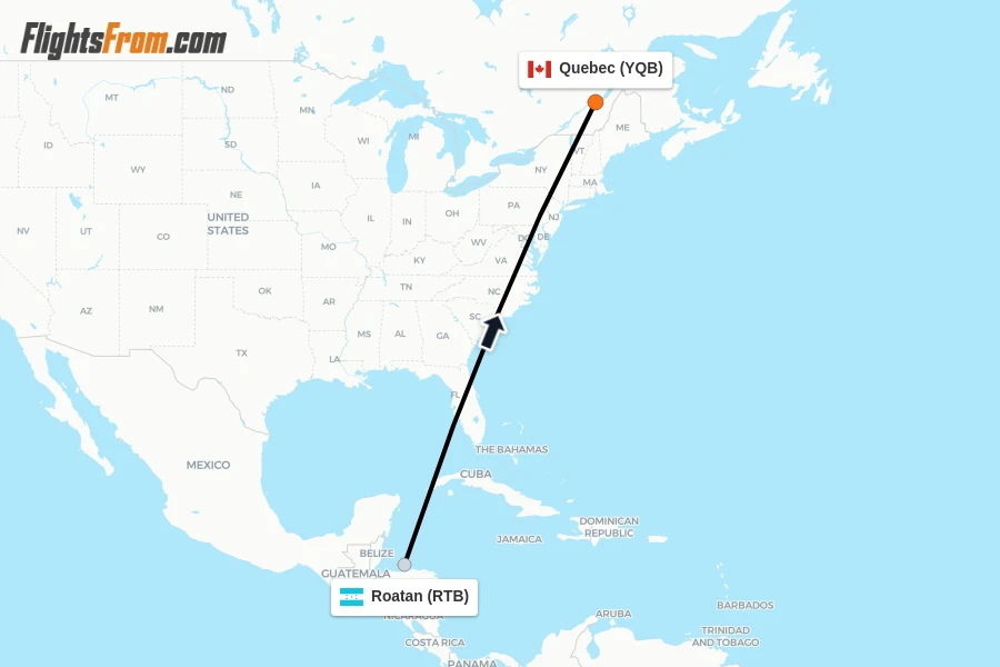 Flights from Roatan to Quebec route map
