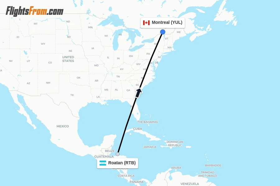Flights from Roatan to Montreal route map