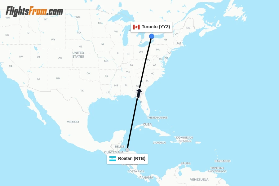Flights from Roatan to Toronto route map
