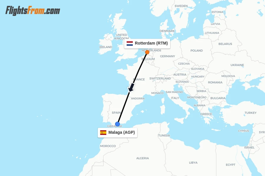 Flights from Rotterdam to Malaga route map