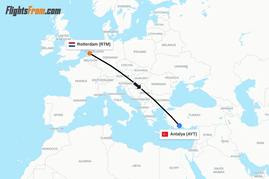 Flights from Rotterdam to Antalya route map