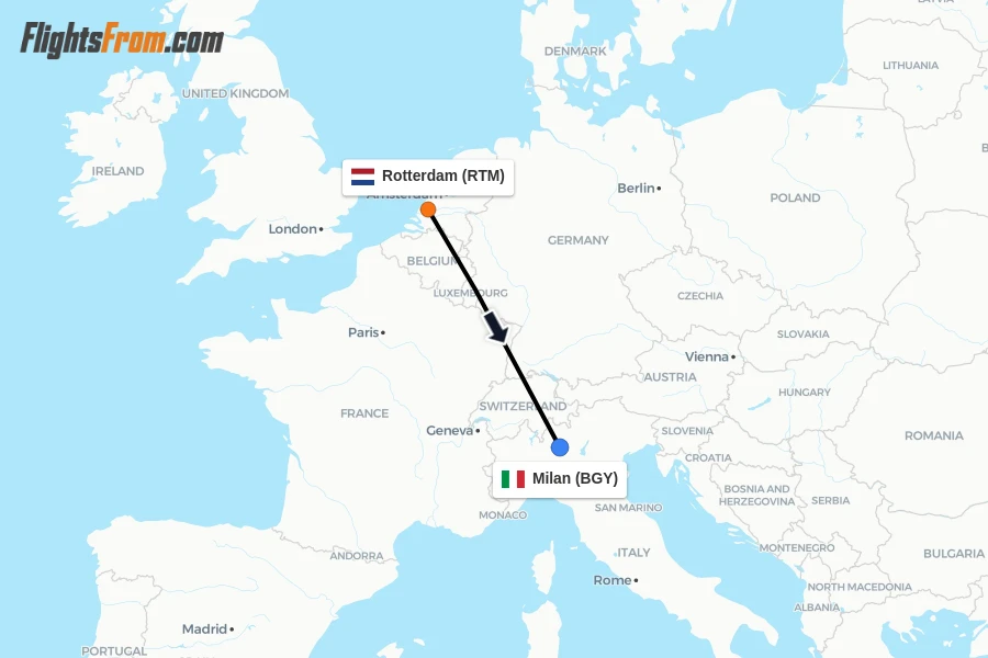 Flights from Rotterdam to Milan route map