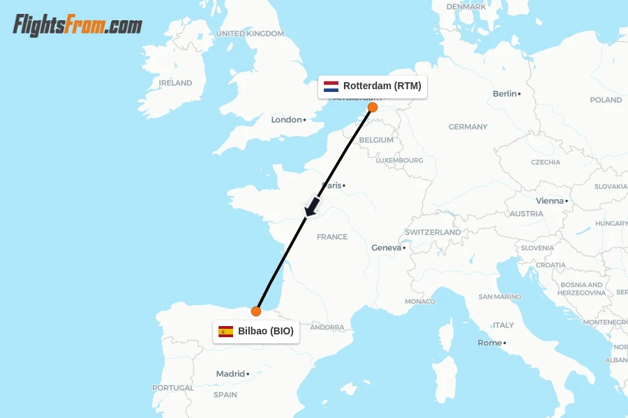 Flights from Rotterdam to Bilbao route map