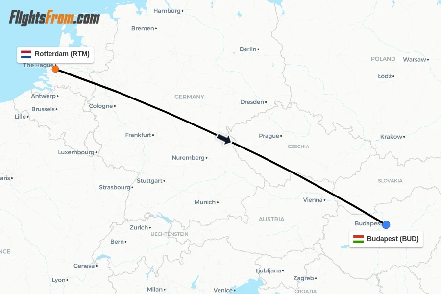 Flights from Rotterdam to Budapest route map