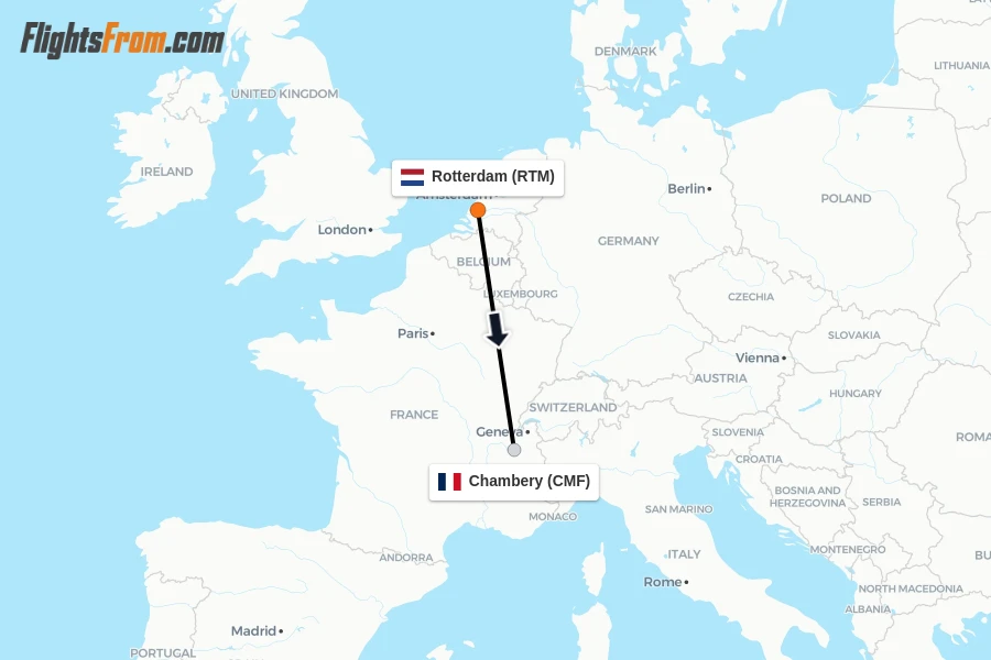 Flights from Rotterdam to Chambery route map