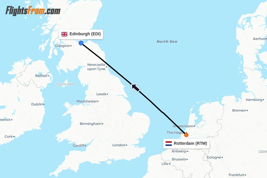 Flights from Rotterdam to Edinburgh route map