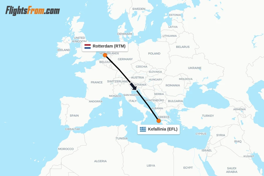 Flights from Rotterdam to Kefallinia route map