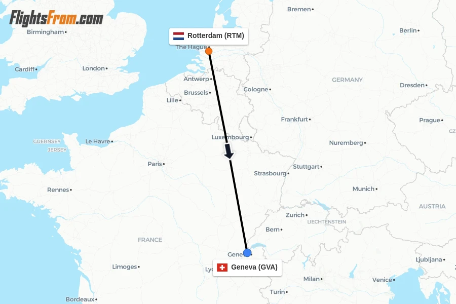 Flights from Rotterdam to Geneva route map