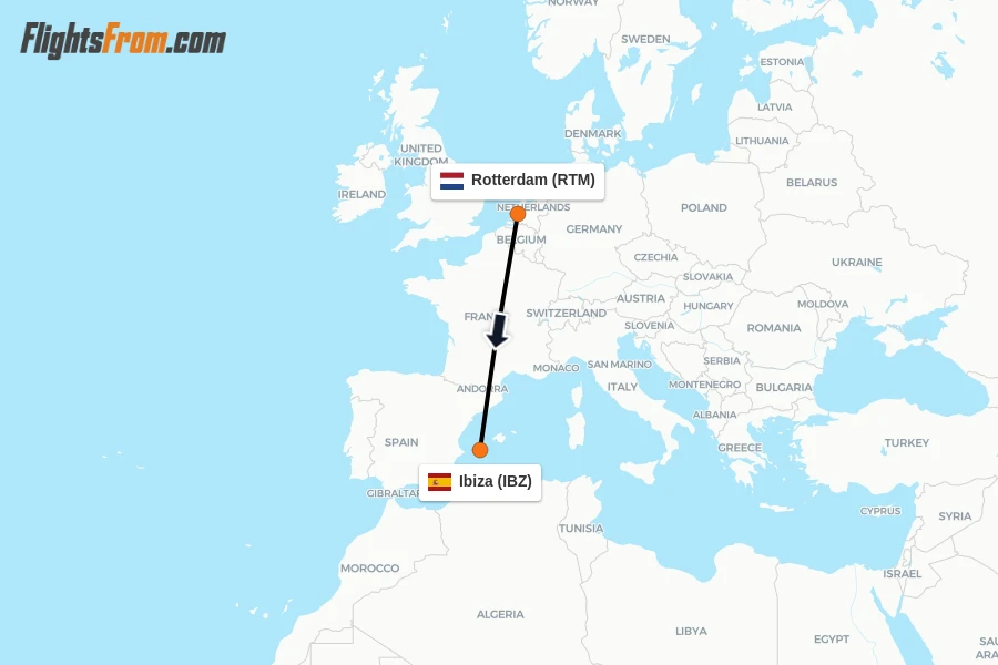 Flights from Rotterdam to Ibiza route map