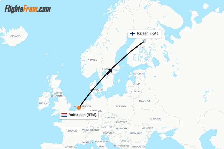Flights from Rotterdam to Kajaani route map