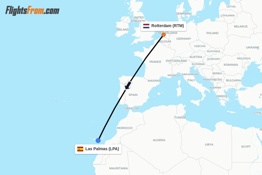 Flights from Rotterdam to Las Palmas route map