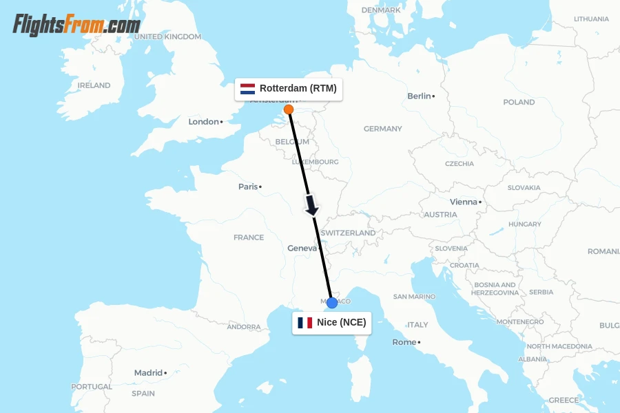 Flights from Rotterdam to Nice route map
