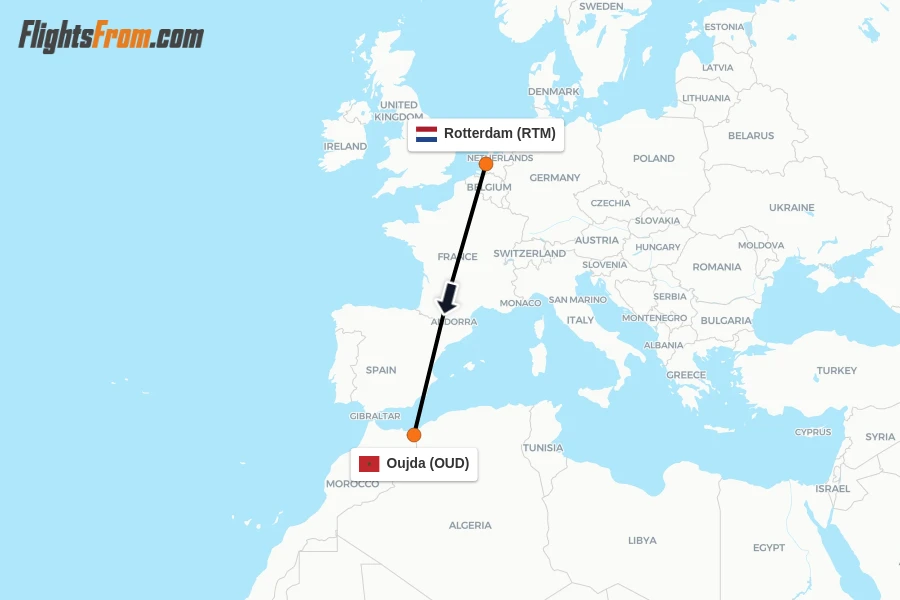 Flights from Rotterdam to Oujda route map