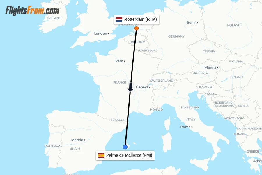 Flights from Rotterdam to Palma de Mallorca route map