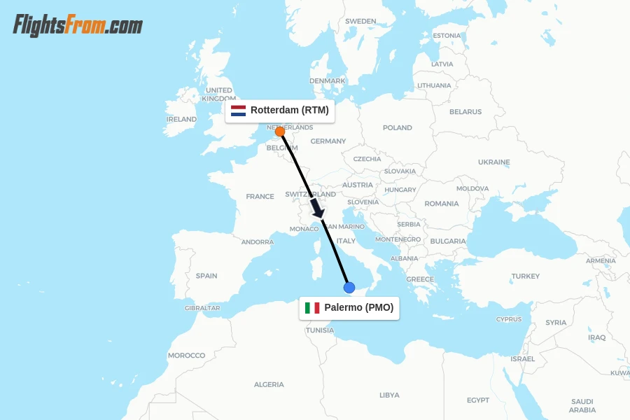 Flights from Rotterdam to Palermo route map