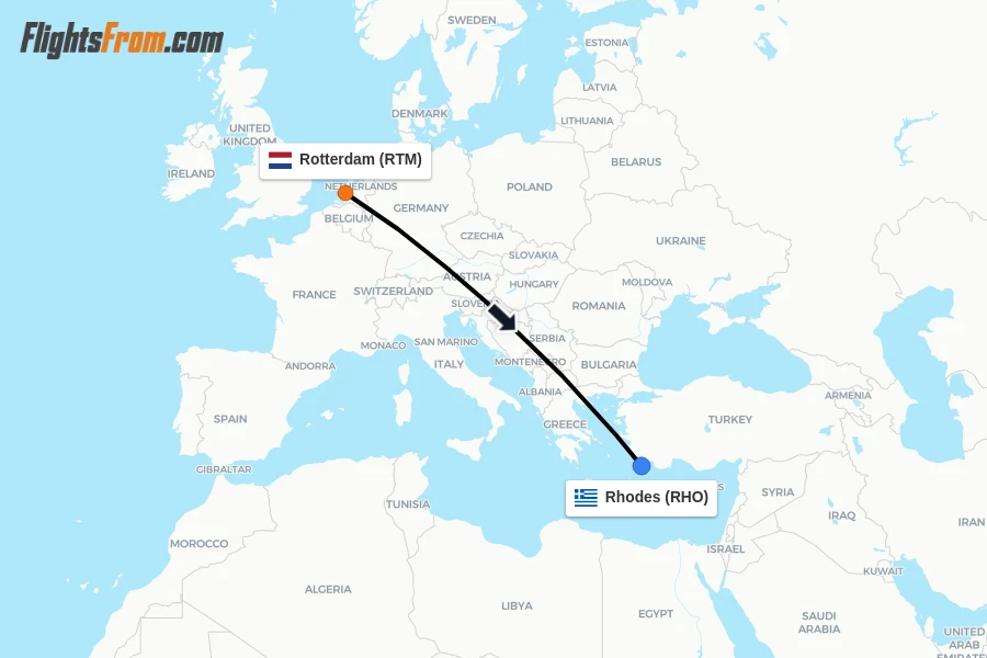 Flights from Rotterdam to Rhodes route map