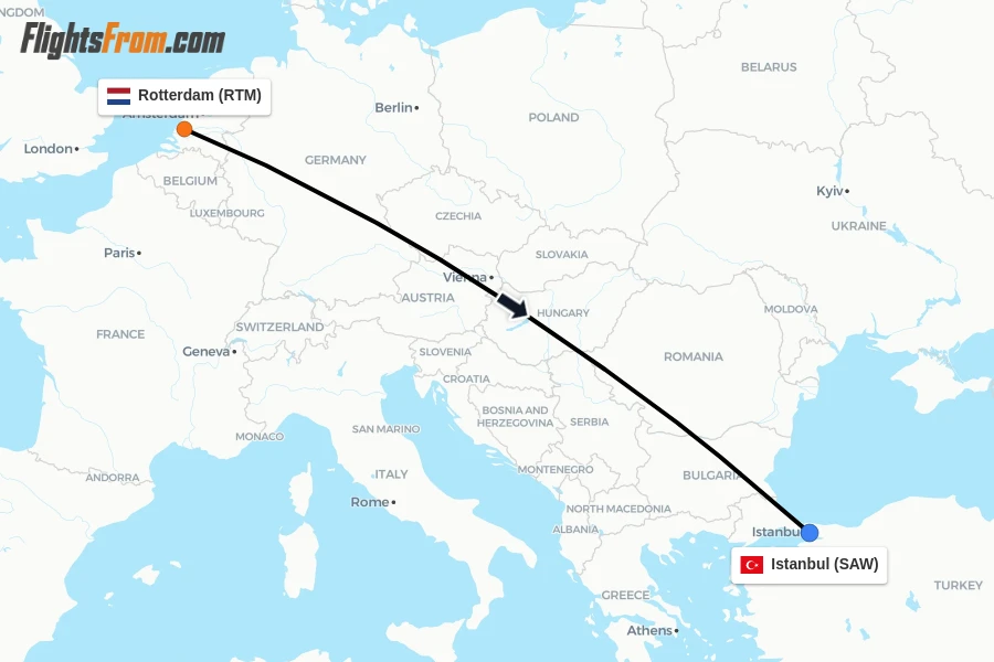 Flights from Rotterdam to Istanbul route map