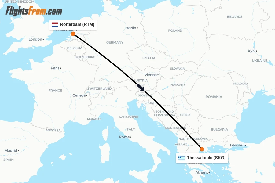 Flights from Rotterdam to Thessaloniki route map