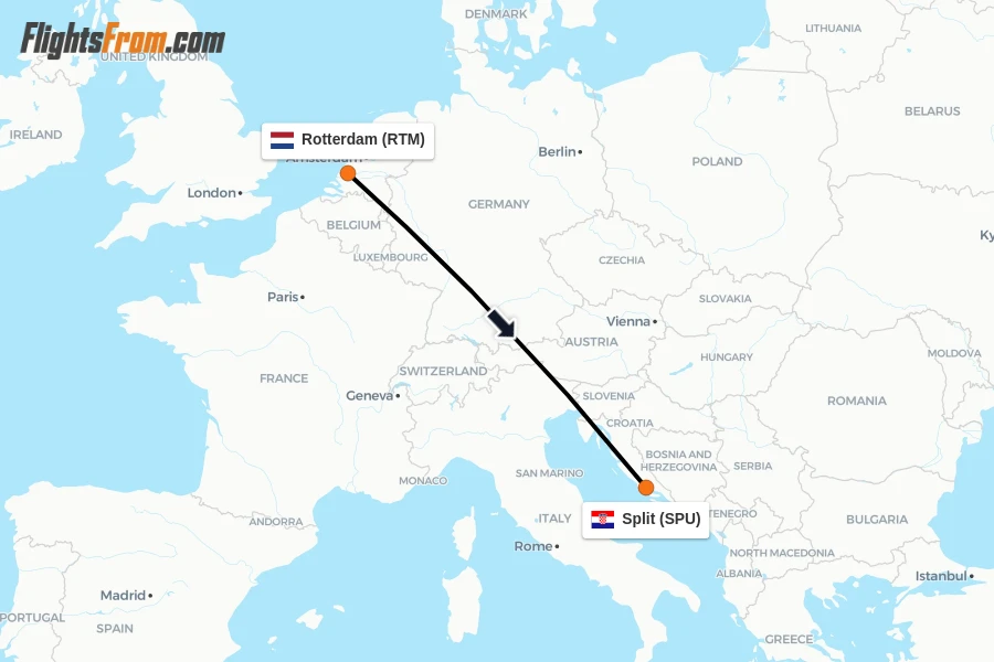 Flights from Rotterdam to Split route map