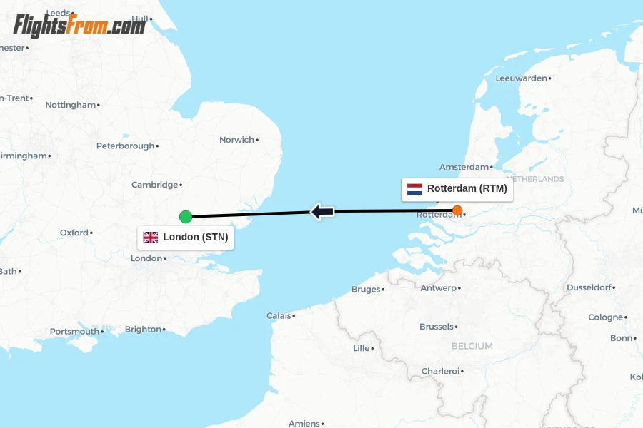 Flights from Rotterdam to London route map