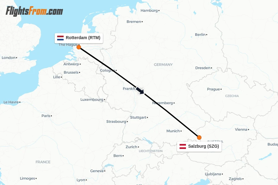 Flights from Rotterdam to Salzburg route map