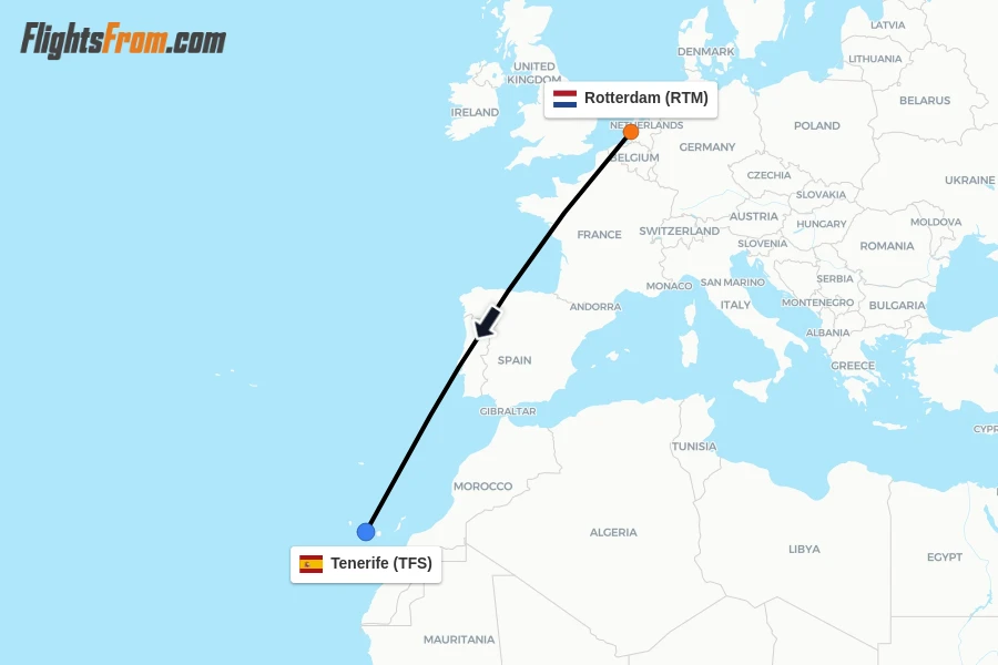 Flights from Rotterdam to Tenerife route map
