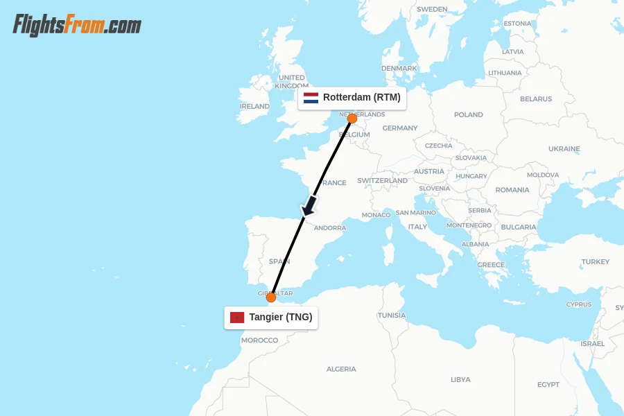Flights from Rotterdam to Tangier route map