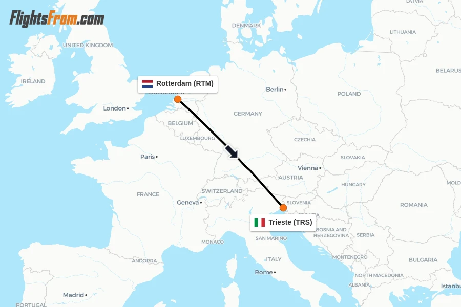 Flights from Rotterdam to Trieste route map