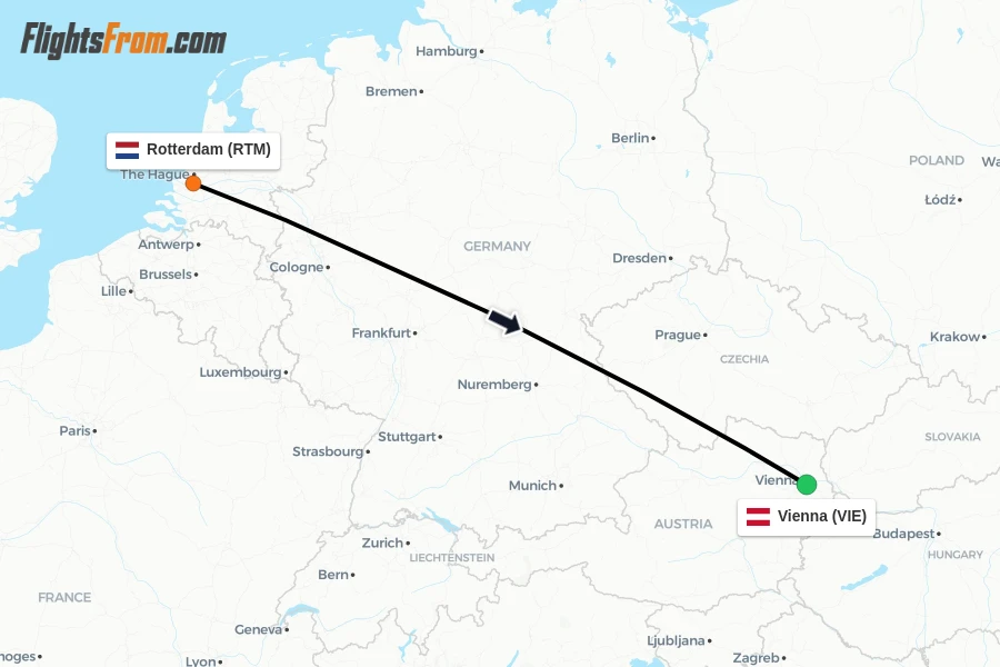 Flights from Rotterdam to Vienna route map