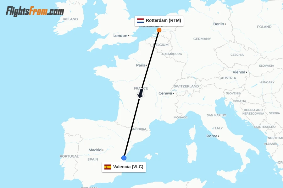Flights from Rotterdam to Valencia route map