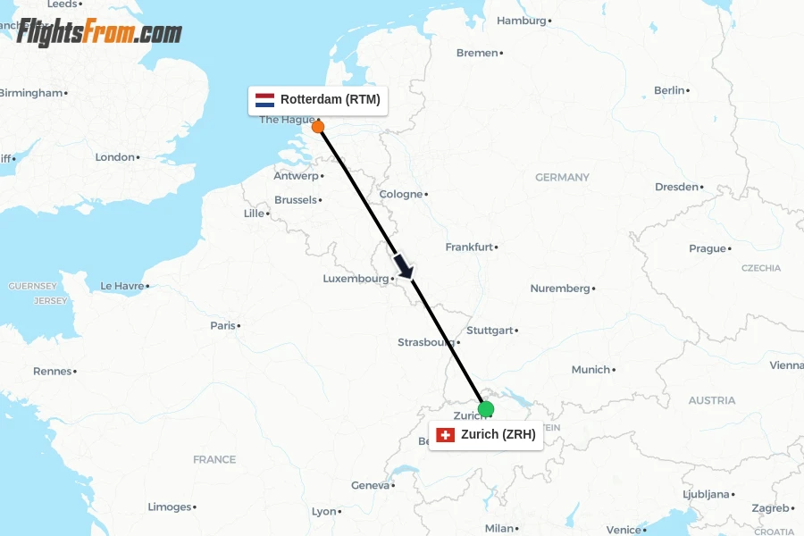 Flights from Rotterdam to Zurich route map