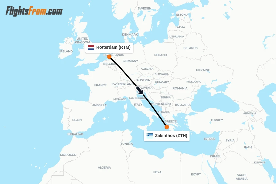 Flights from Rotterdam to Zakinthos route map