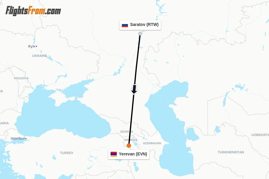 Flights from Saratov to Yerevan route map