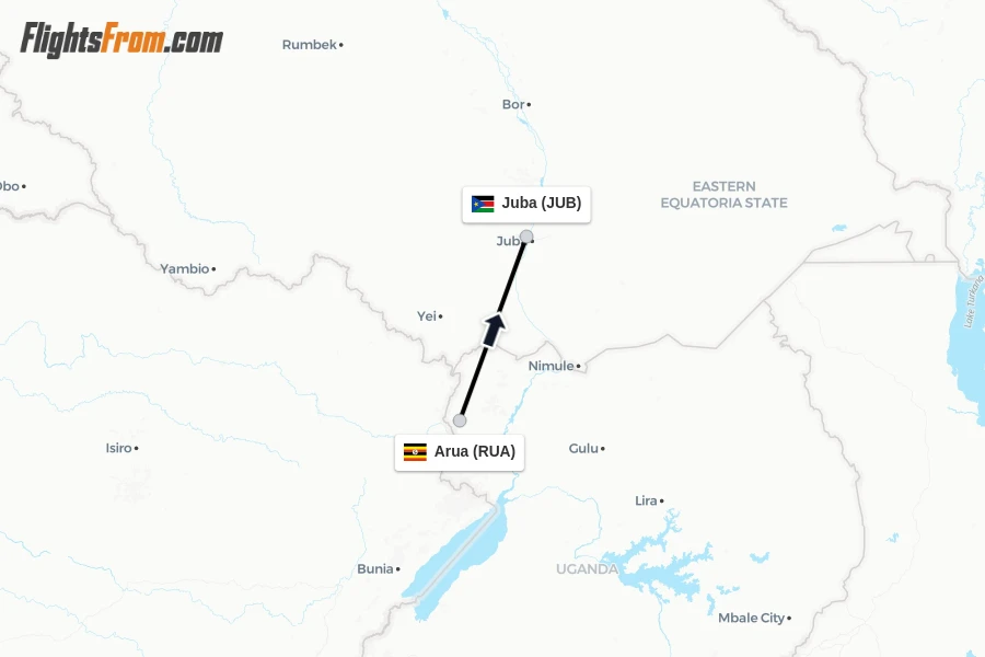 Flights from Arua to Juba route map