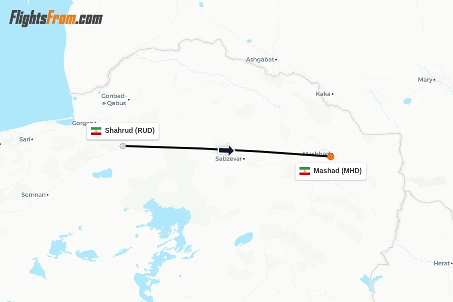 Flights from Shahrud to Mashad route map
