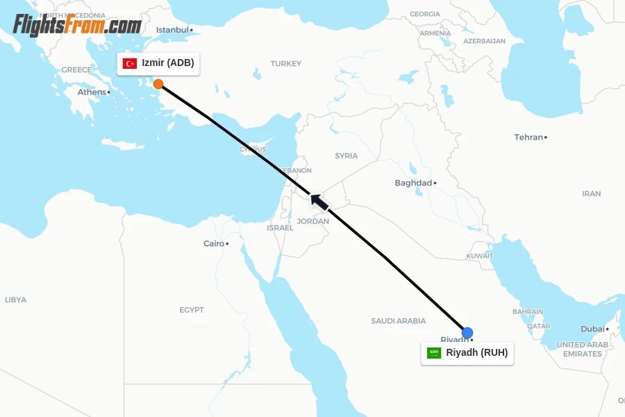 Flights from Riyadh to Izmir route map