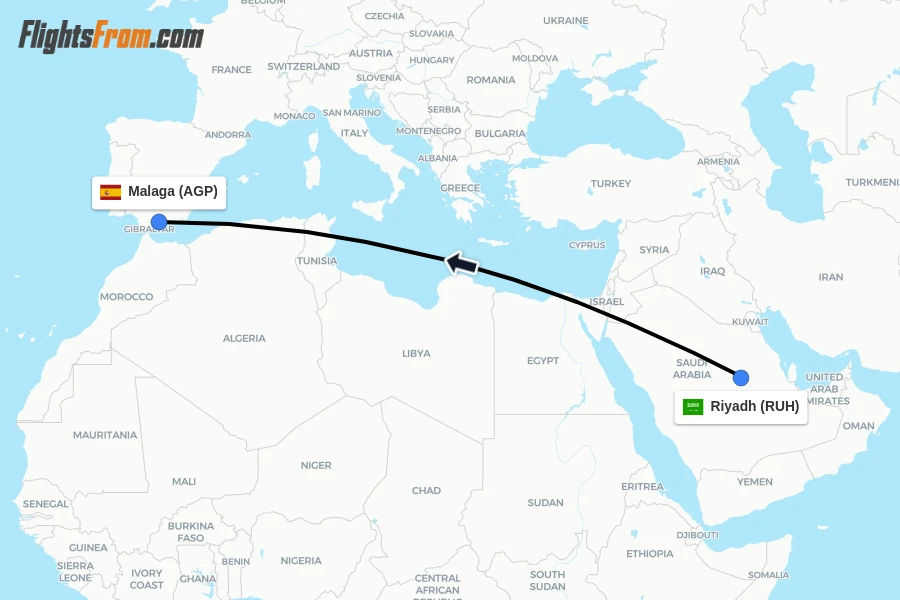 Flights from Riyadh to Malaga route map