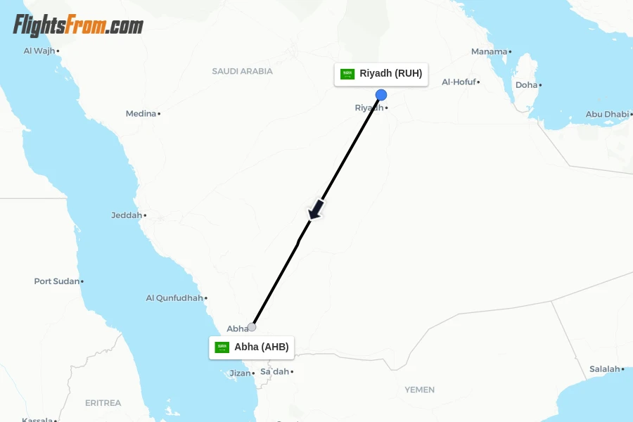 Flights from Riyadh to Abha route map