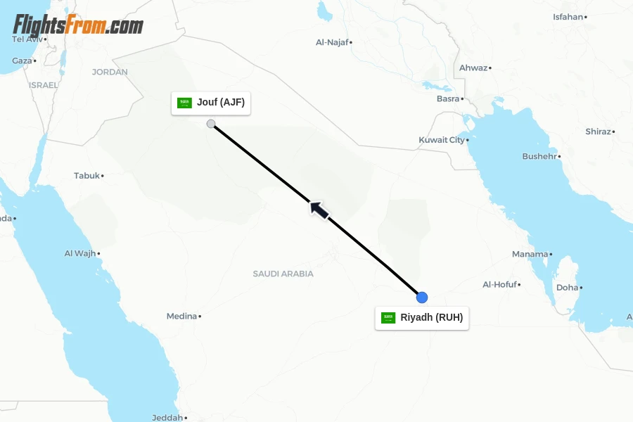 Flights from Riyadh to Jouf route map