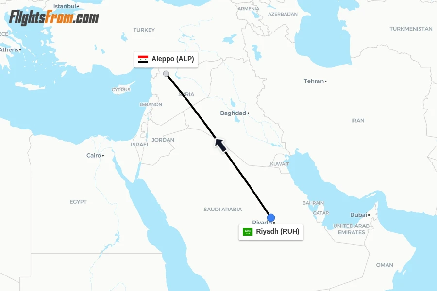 Flights from Riyadh to Aleppo route map