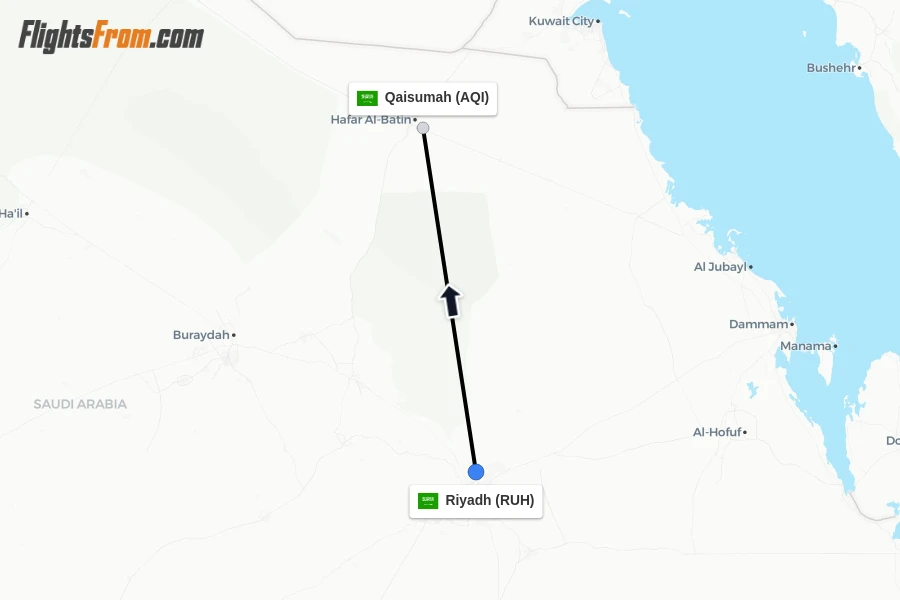 Flights from Riyadh to Qaisumah route map