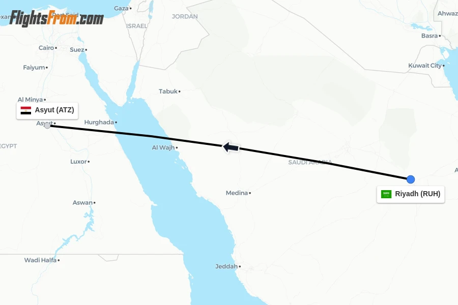 Flights from Riyadh to Asyut route map