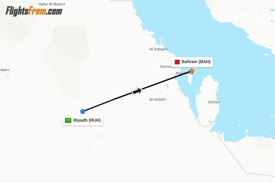 Flights from Riyadh to Bahrain route map