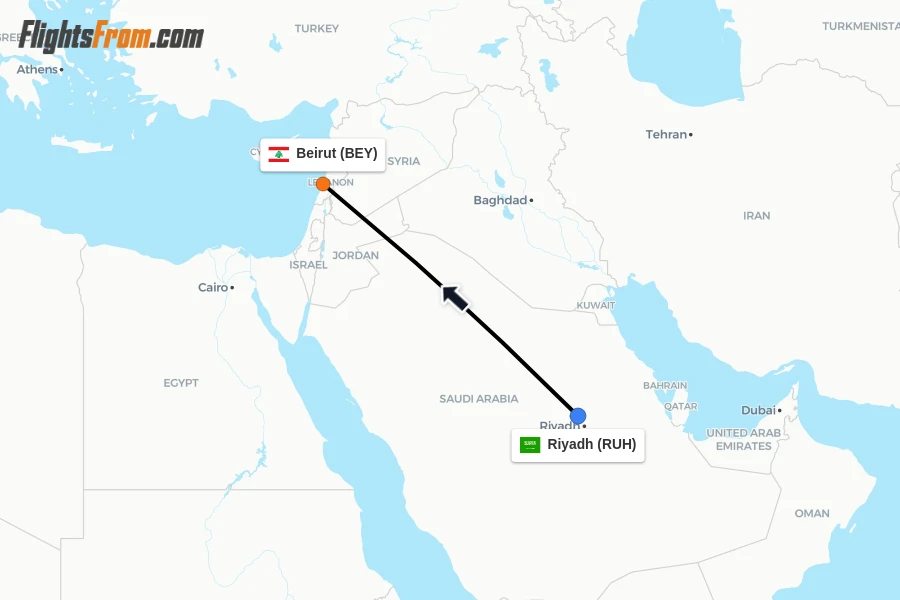 Flights from Riyadh to Beirut route map