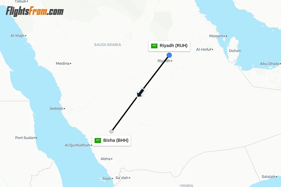 Flights from Riyadh to Bisha route map