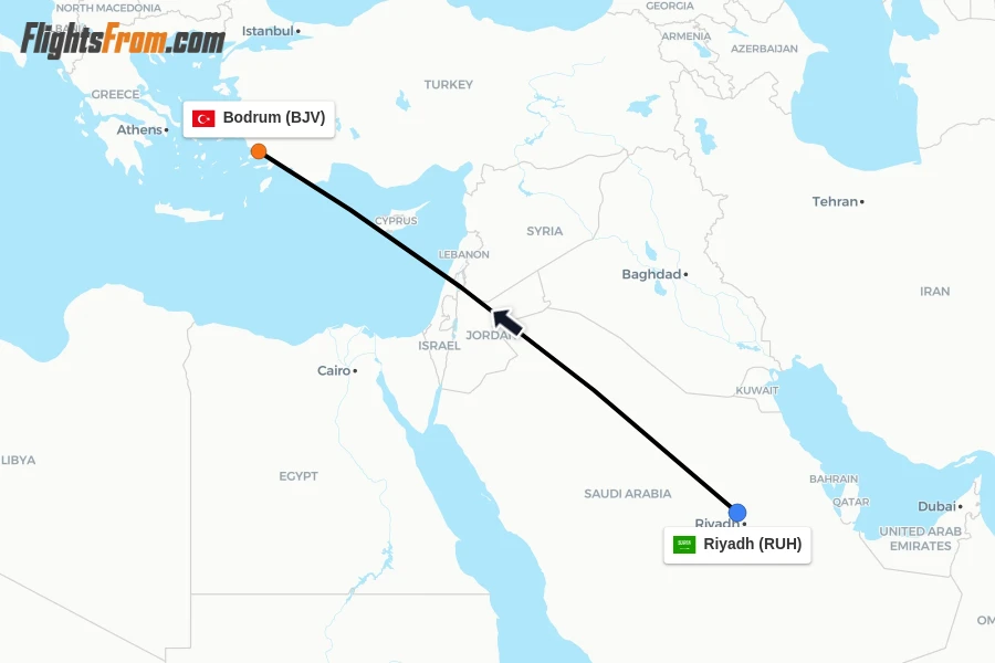 Flights from Riyadh to Bodrum route map